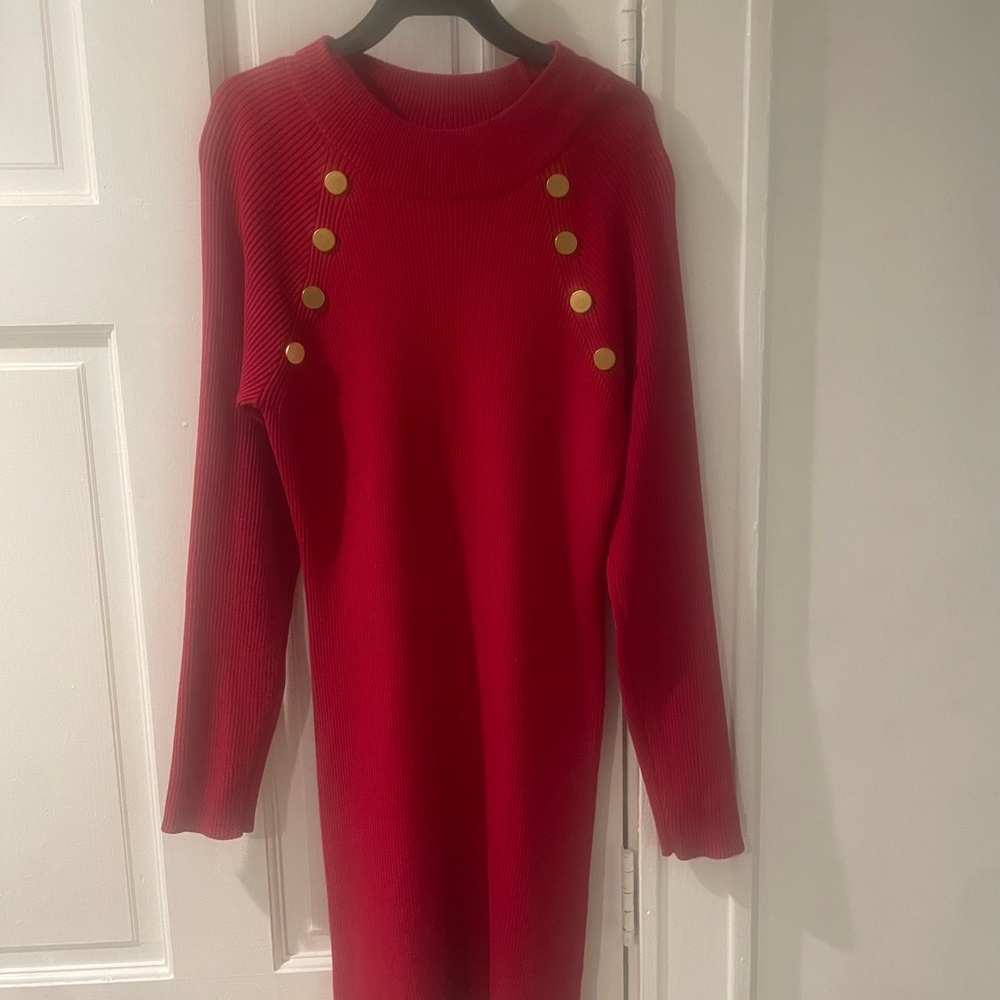 Chic Long Sleeve Red Dress with Gold Buttons